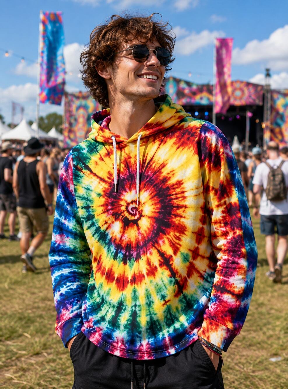 3XL Rainbow Tie Dye Hoodie Built In Neck Gaiter